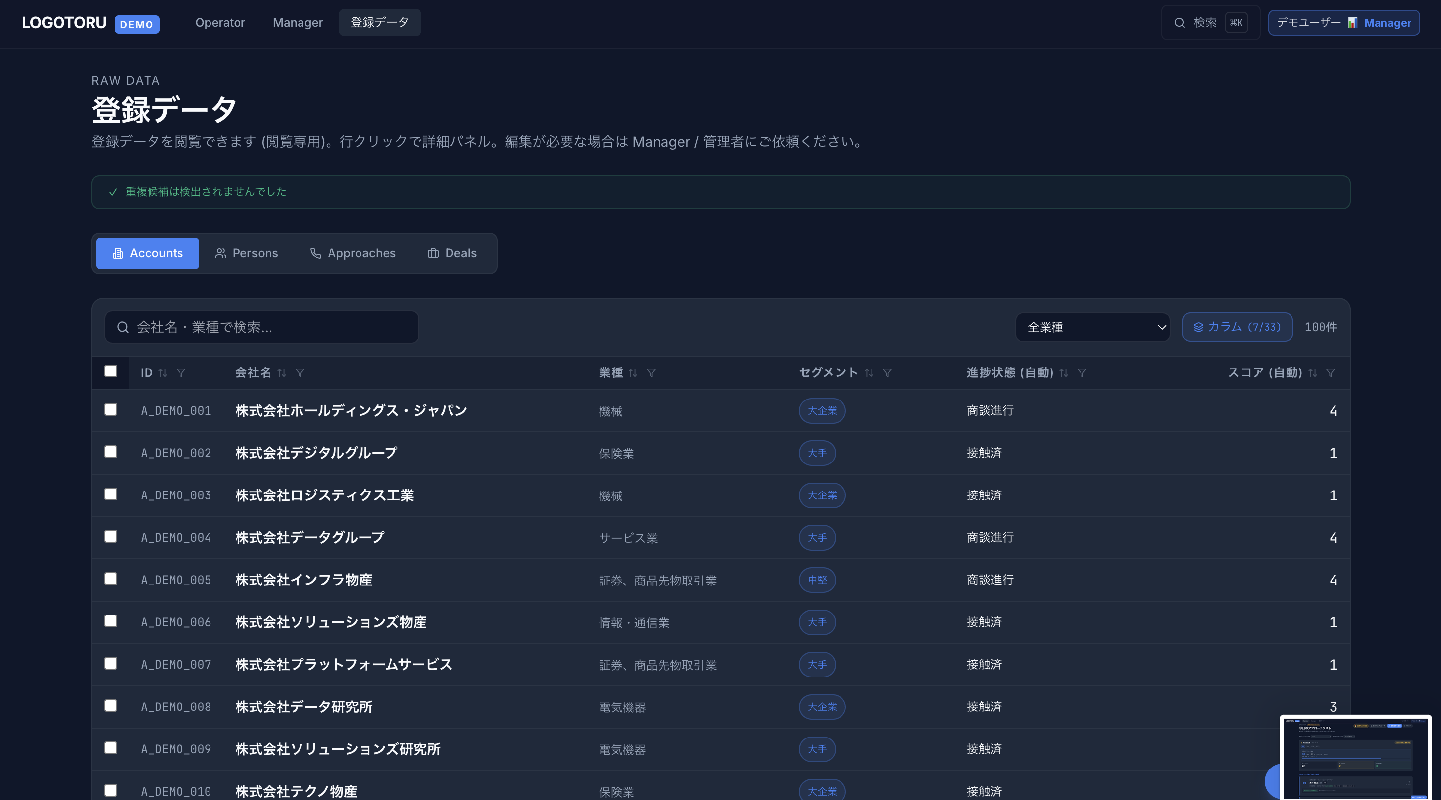 登録データ — アカウント / 人物 / アプローチ / 商談 — アカウント