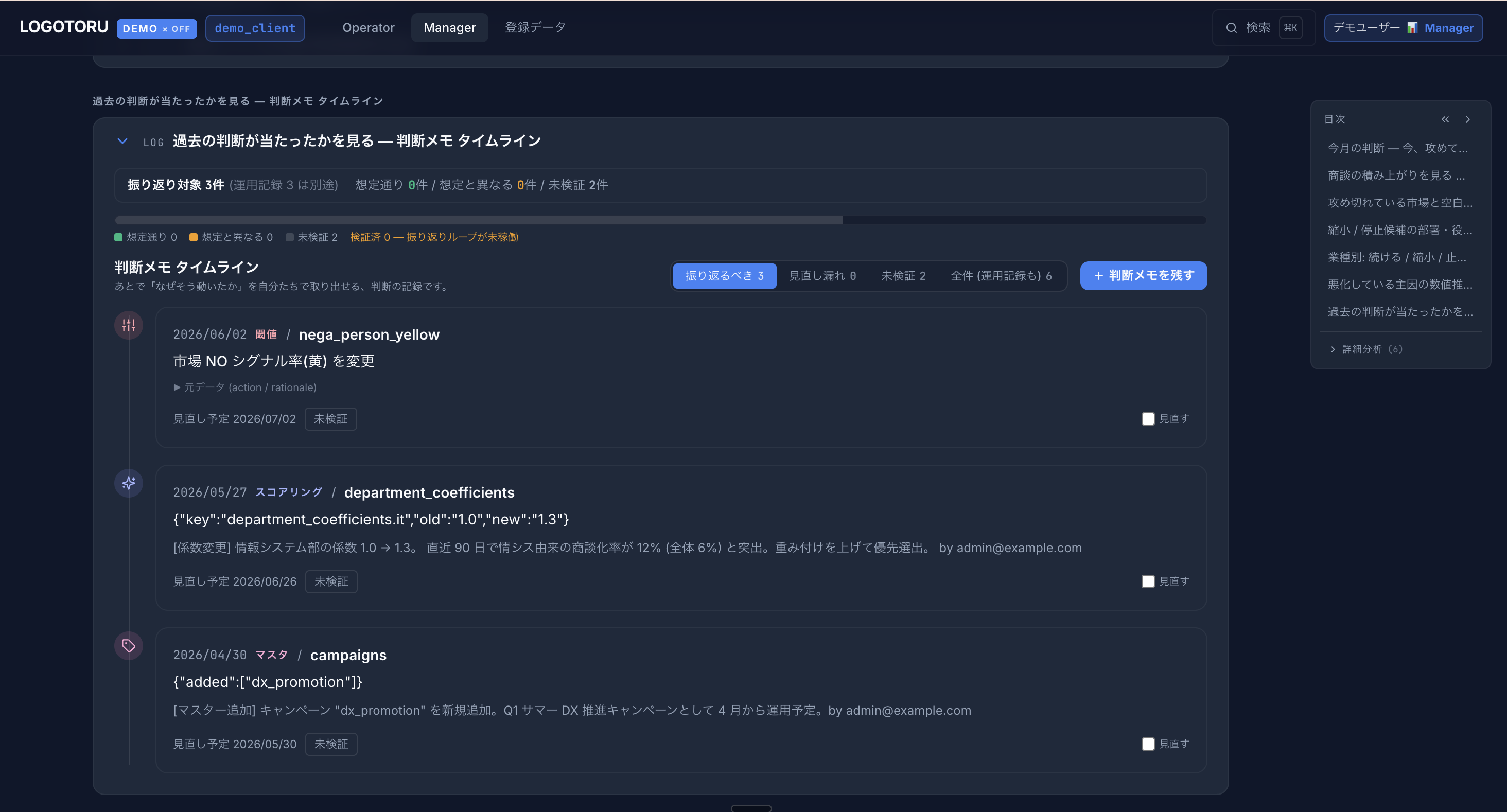 判断履歴タイムライン画面